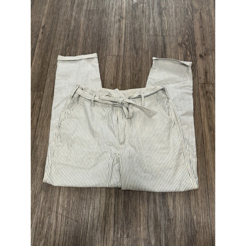 American Eagle Striped Tie Waist Straight Leg Pants Ivory Blue‎ Size 10